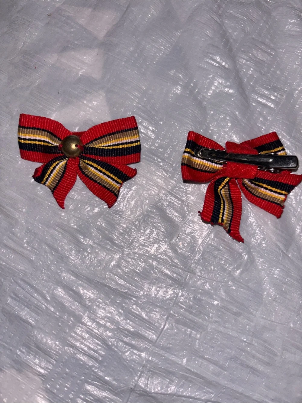 Kids Red Striped Ribbon Bow Hair Clips with Brass Button - Pack of 2